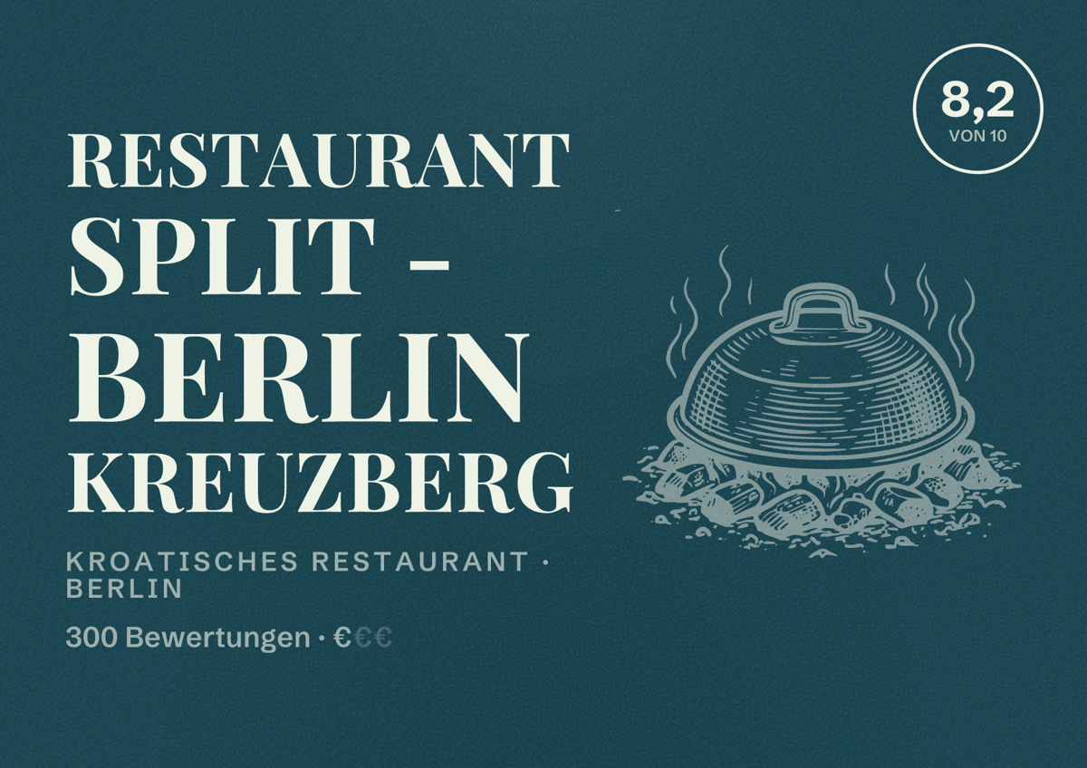 Illustriertes Poster von Restaurant Split - Berlin Kreuzberg, Kroatisches Restaurant in Berlin: Bewertung 8,2 von 10 aus 300 Bewertungen, Preisniveau €