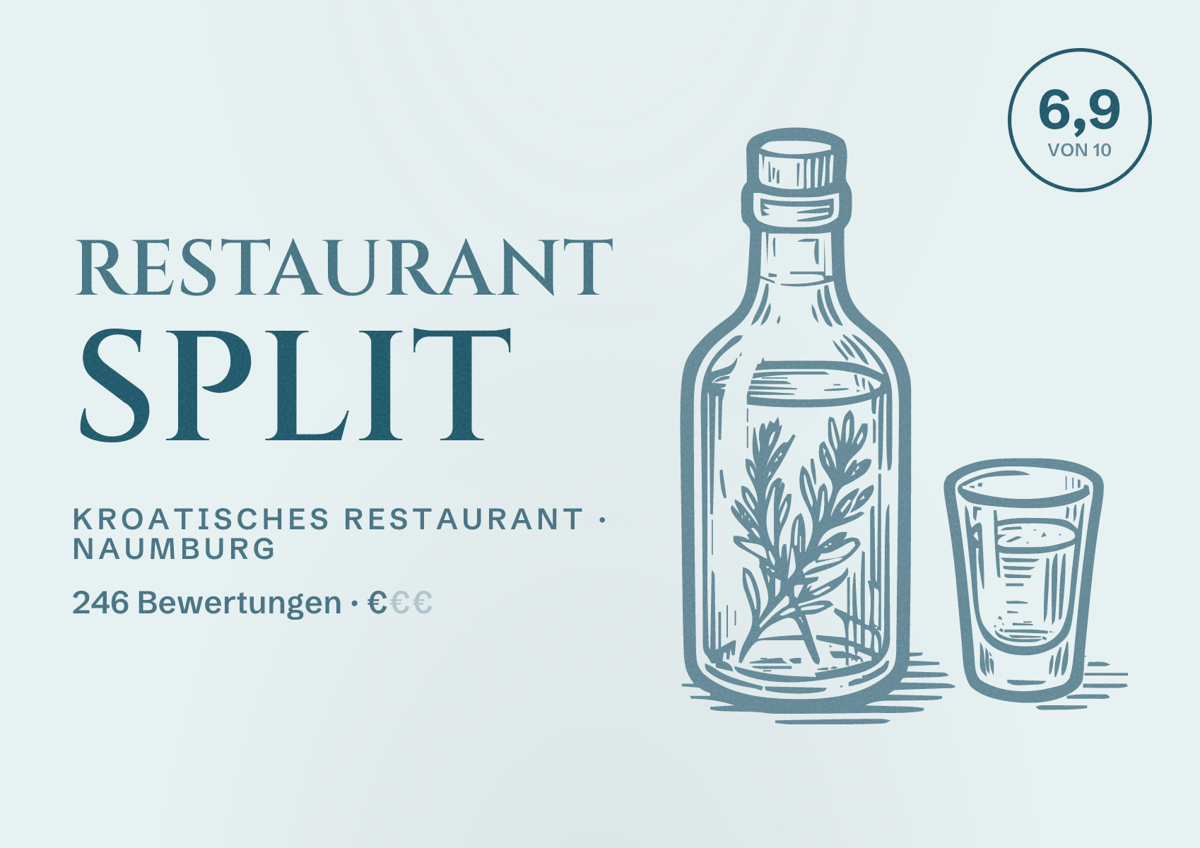 Illustriertes Poster von Restaurant Split, Kroatisches Restaurant in Naumburg: Bewertung 6,9 von 10 aus 246 Bewertungen, Preisniveau €