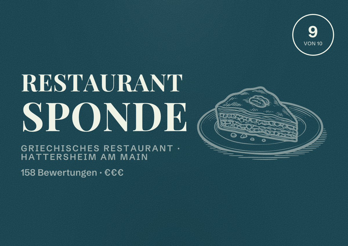 Illustriertes Poster von Restaurant Sponde, Griechisches Restaurant in Hattersheim am Main: Bewertung 9 von 10 aus 158 Bewertungen, Preisniveau €€€