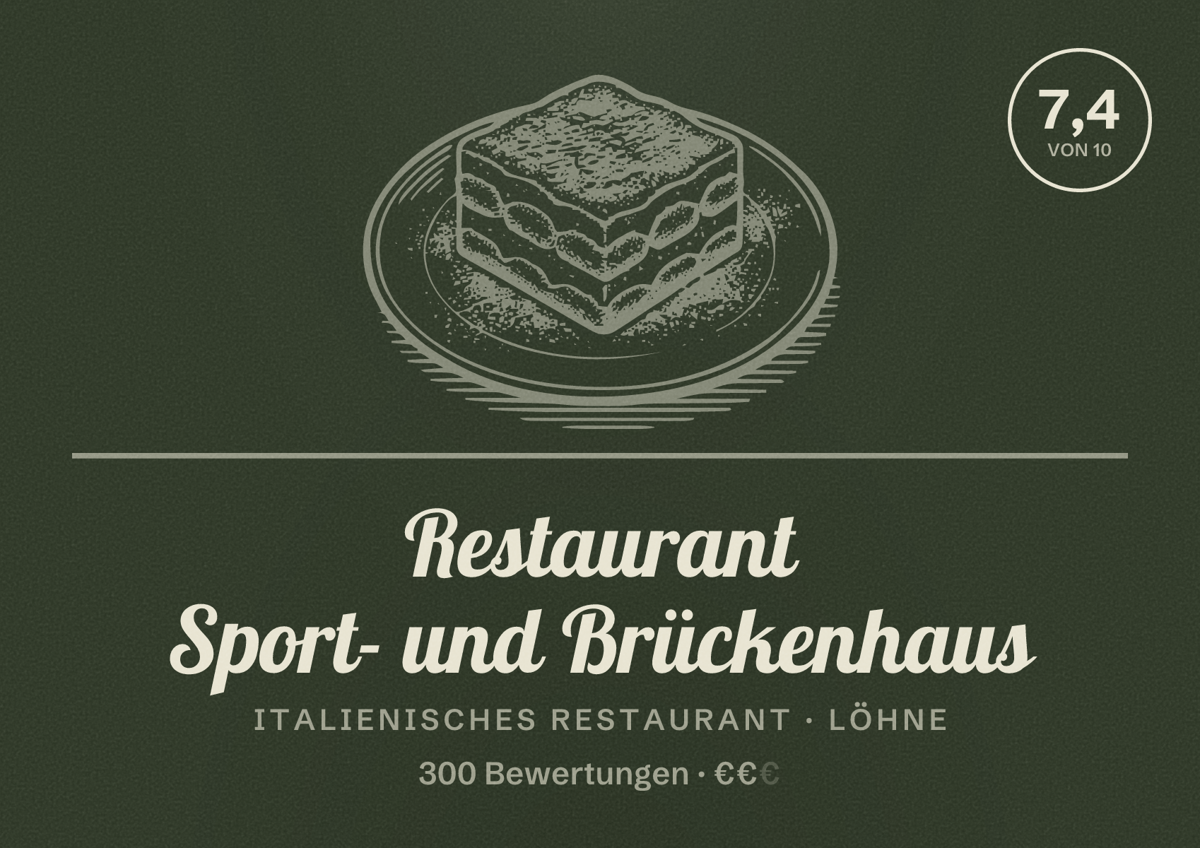Illustriertes Poster von Restaurant Sport- und Brückenhaus, Italienisches Restaurant in Löhne: Bewertung 7,4 von 10 aus 300 Bewertungen, Preisniveau €€