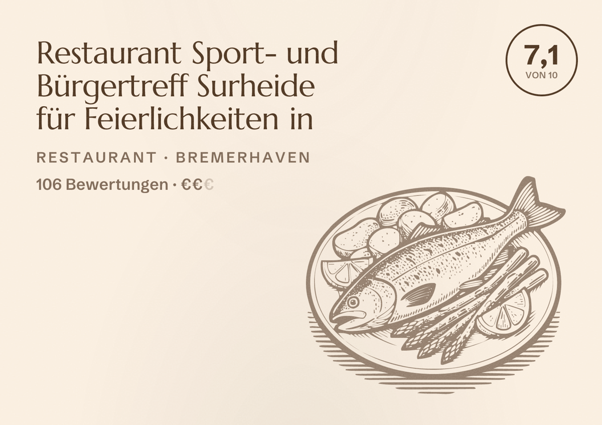 Illustriertes Poster von Restaurant Sport- und Bürgertreff Surheide für Feierlichkeiten in, Restaurant in Bremerhaven: Bewertung 7,1 von 10 aus 106 Bewertungen, Preisniveau €€