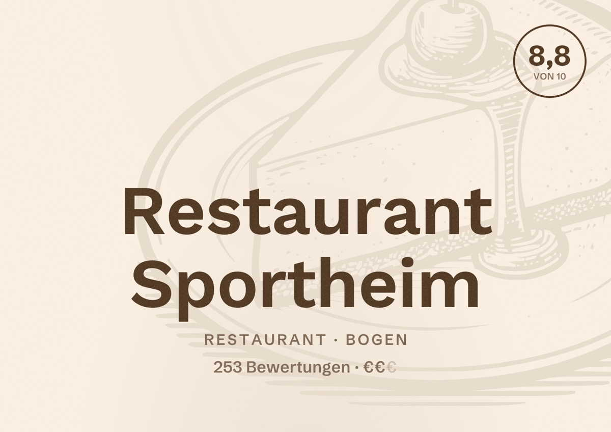 Illustriertes Poster von Restaurant Sportheim, Restaurant in Bogen: Bewertung 8,8 von 10 aus 253 Bewertungen, Preisniveau €€