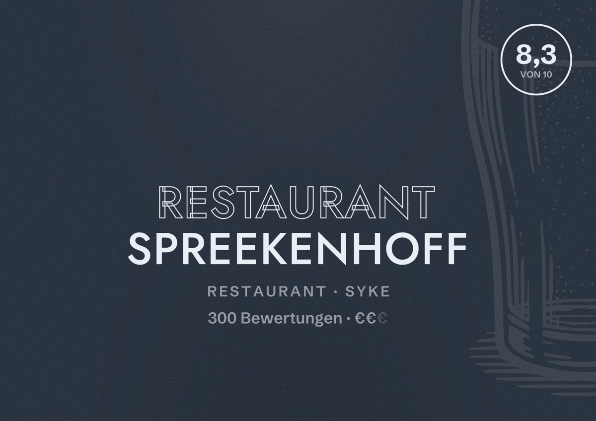 Illustriertes Poster von Restaurant Spreekenhoff, Restaurant in Syke: Bewertung 8,3 von 10 aus 300 Bewertungen, Preisniveau €€