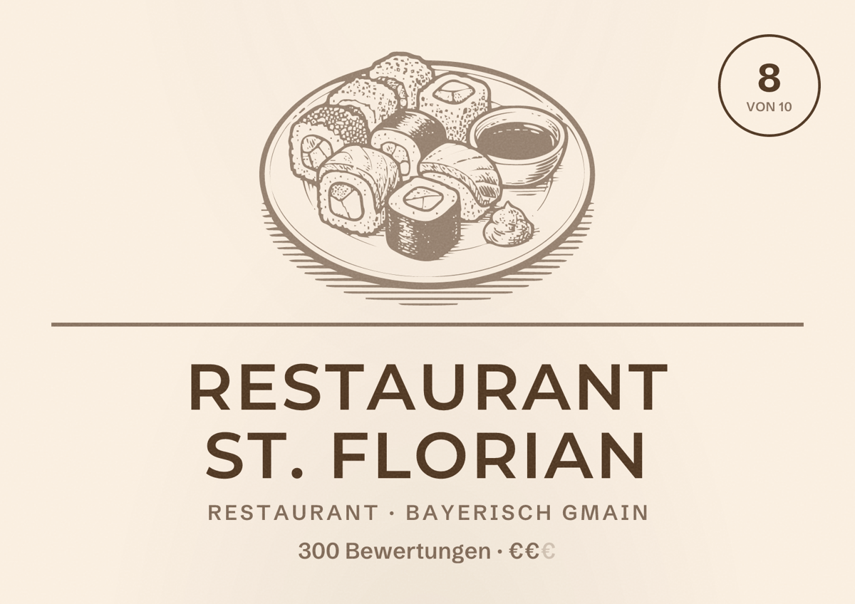 Illustriertes Poster von Restaurant St. Florian, Restaurant in Bayerisch Gmain: Bewertung 8 von 10 aus 300 Bewertungen, Preisniveau €€