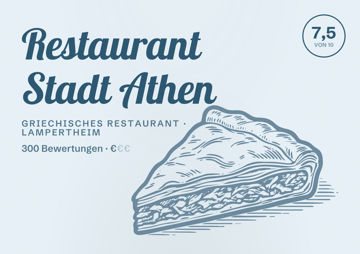 Illustriertes Poster von Restaurant Stadt Athen, Griechisches Restaurant in Lampertheim: Bewertung 7,5 von 10 aus 300 Bewertungen, Preisniveau €