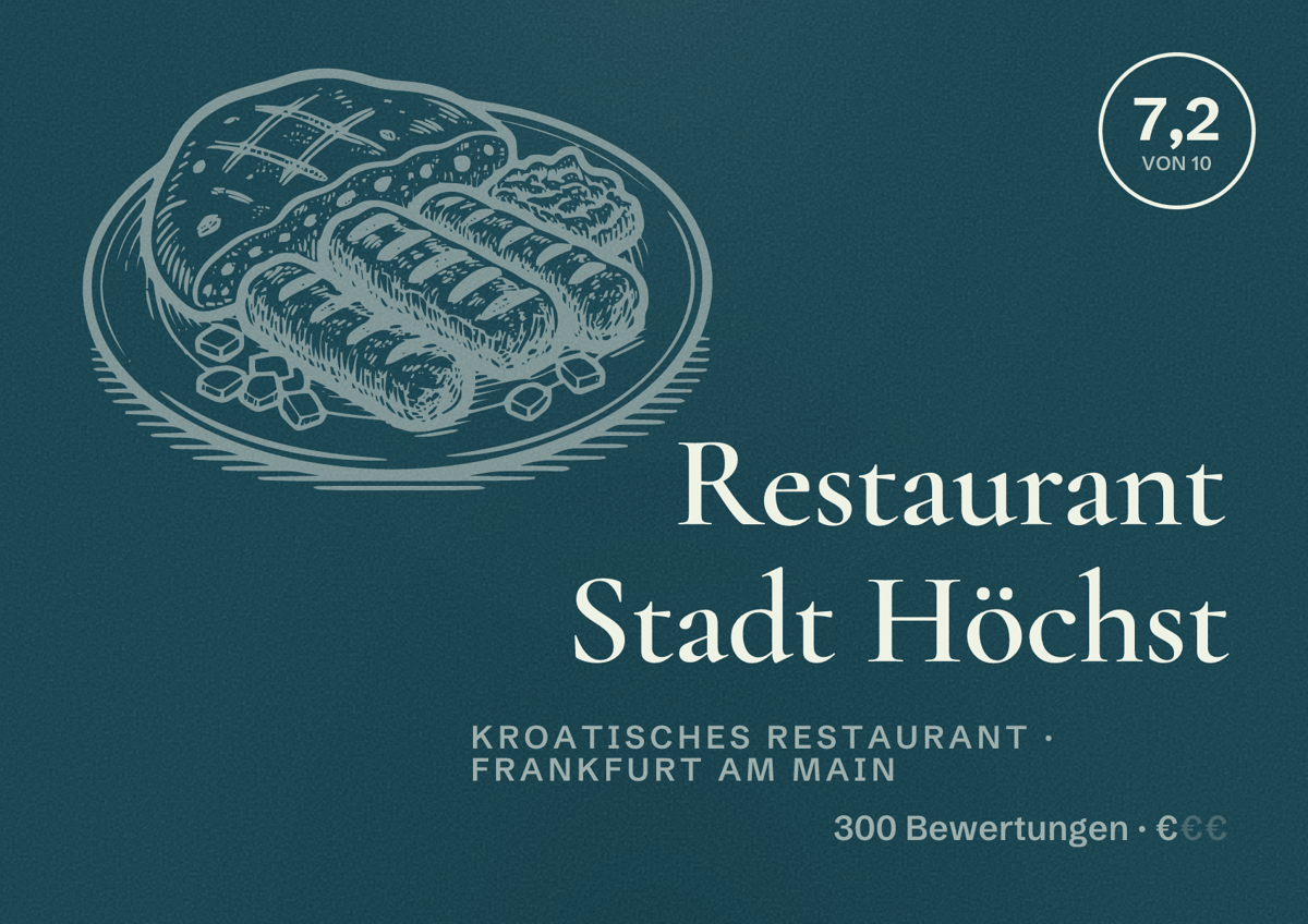 Illustriertes Poster von Restaurant Stadt Höchst, Kroatisches Restaurant in Frankfurt am Main: Bewertung 7,2 von 10 aus 300 Bewertungen, Preisniveau €