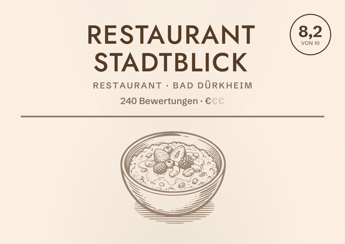 Illustriertes Poster von Restaurant Stadtblick, Restaurant in Bad Dürkheim: Bewertung 8,2 von 10 aus 240 Bewertungen, Preisniveau €