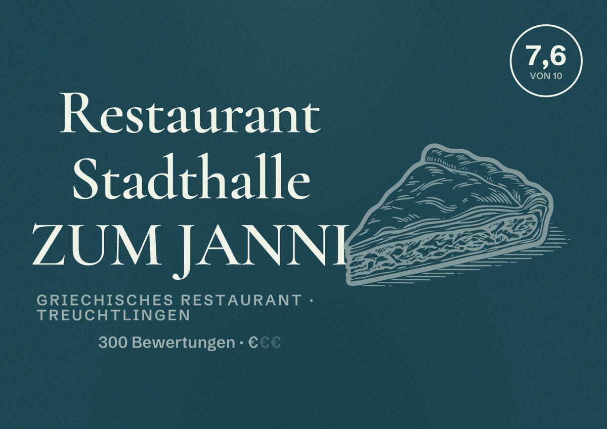 Illustriertes Poster von Restaurant Stadthalle ZUM JANNI, Griechisches Restaurant in Treuchtlingen: Bewertung 7,6 von 10 aus 300 Bewertungen, Preisniveau €