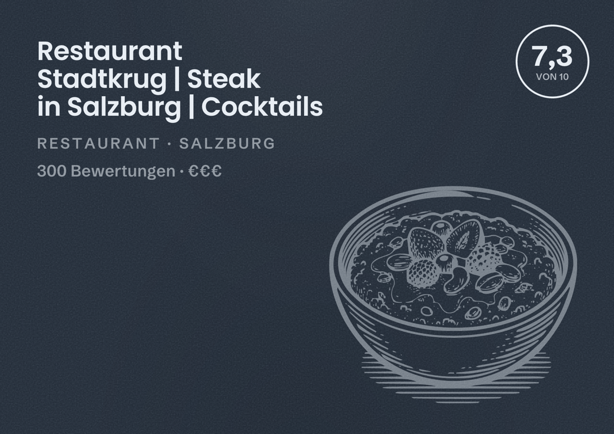Illustriertes Poster von Restaurant Stadtkrug | Steak in Salzburg | Cocktails, Restaurant in Salzburg: Bewertung 7,3 von 10 aus 300 Bewertungen, Preisniveau €€€