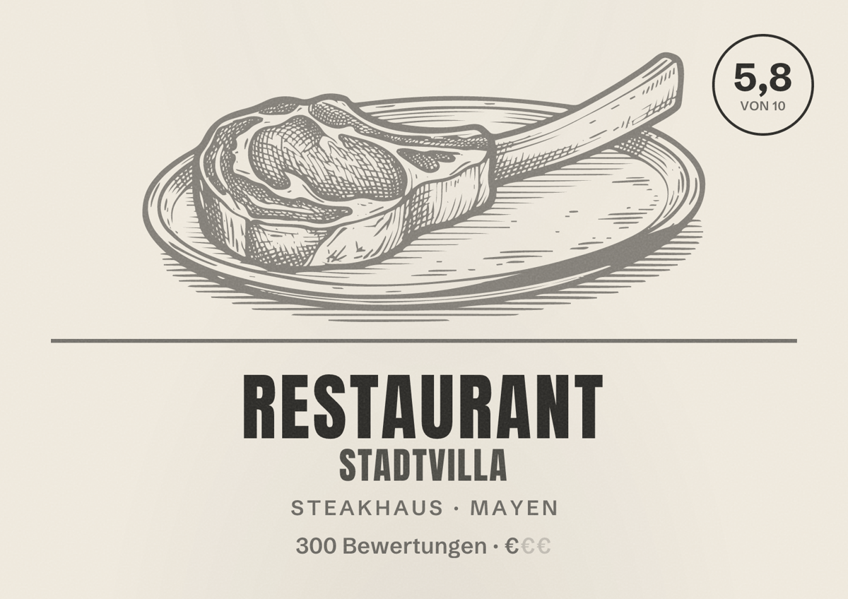 Illustriertes Poster von Restaurant Stadtvilla, Steakhaus in Mayen: Bewertung 5,8 von 10 aus 300 Bewertungen, Preisniveau €