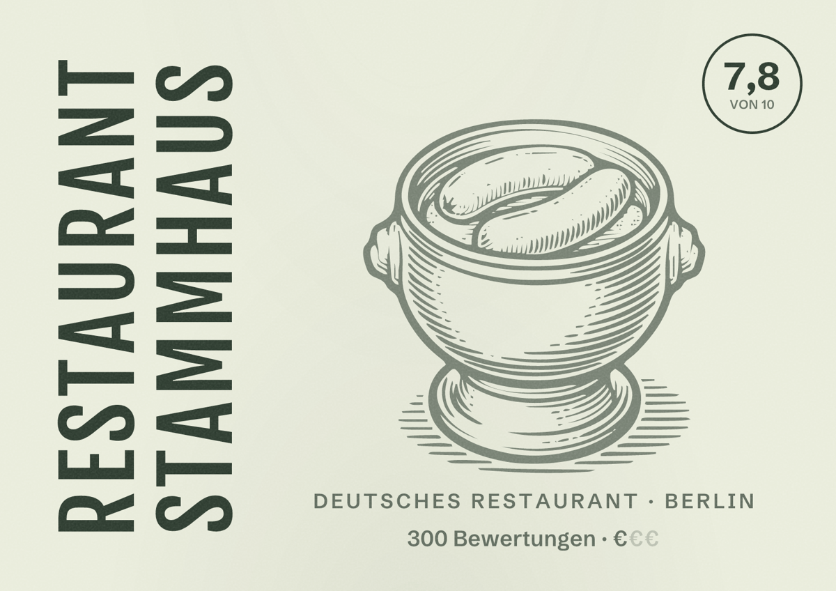 Illustriertes Poster von Restaurant Stammhaus, Deutsches Restaurant in Berlin: Bewertung 7,8 von 10 aus 300 Bewertungen, Preisniveau €