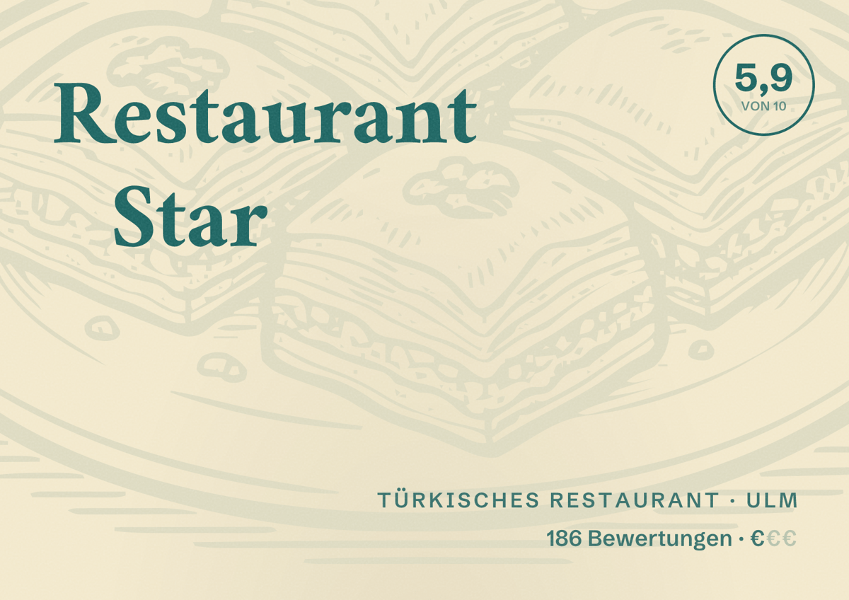 Illustriertes Poster von Restaurant Star, Türkisches Restaurant in Ulm: Bewertung 5,9 von 10 aus 186 Bewertungen, Preisniveau €