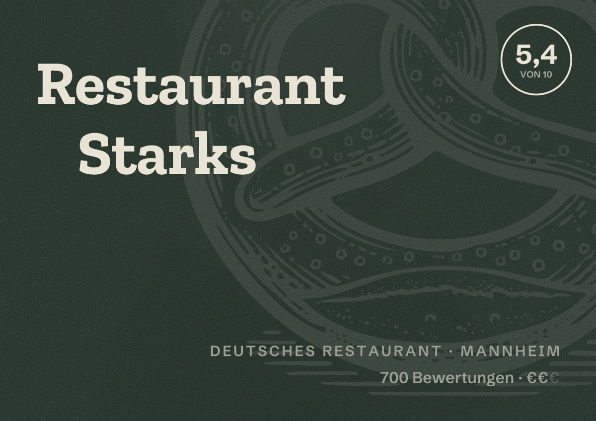 Illustriertes Poster von Restaurant Starks, Deutsches Restaurant in Mannheim: Bewertung 5,4 von 10 aus 700 Bewertungen, Preisniveau €€