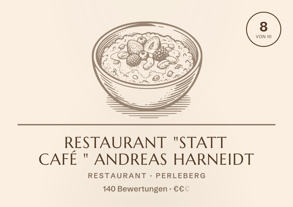 Illustriertes Poster von Restaurant "statt Café " Andreas Harneidt, Restaurant in Perleberg: Bewertung 8 von 10 aus 140 Bewertungen, Preisniveau €€