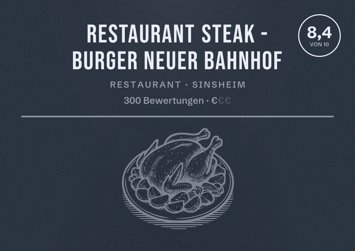 Illustriertes Poster von Restaurant Steak - Burger Neuer Bahnhof, Restaurant in Sinsheim: Bewertung 8,4 von 10 aus 300 Bewertungen, Preisniveau €