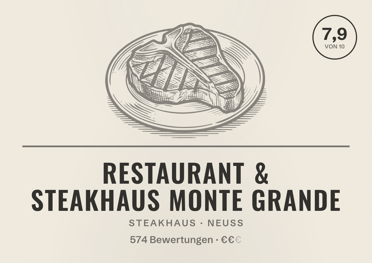Illustriertes Poster von Restaurant & Steakhaus Monte Grande, Steakhaus in Neuss: Bewertung 7,9 von 10 aus 574 Bewertungen, Preisniveau €€