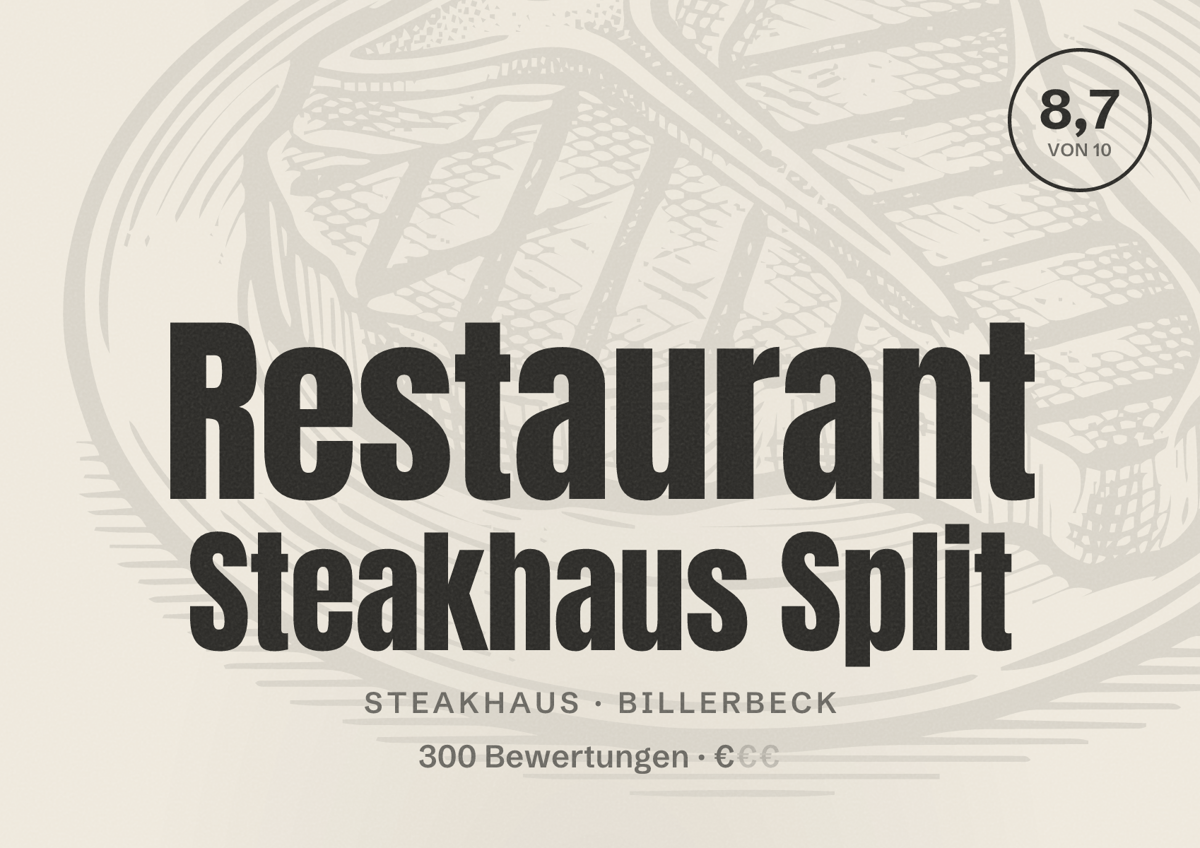 Illustriertes Poster von Restaurant Steakhaus Split, Steakhaus in Billerbeck: Bewertung 8,7 von 10 aus 300 Bewertungen, Preisniveau €