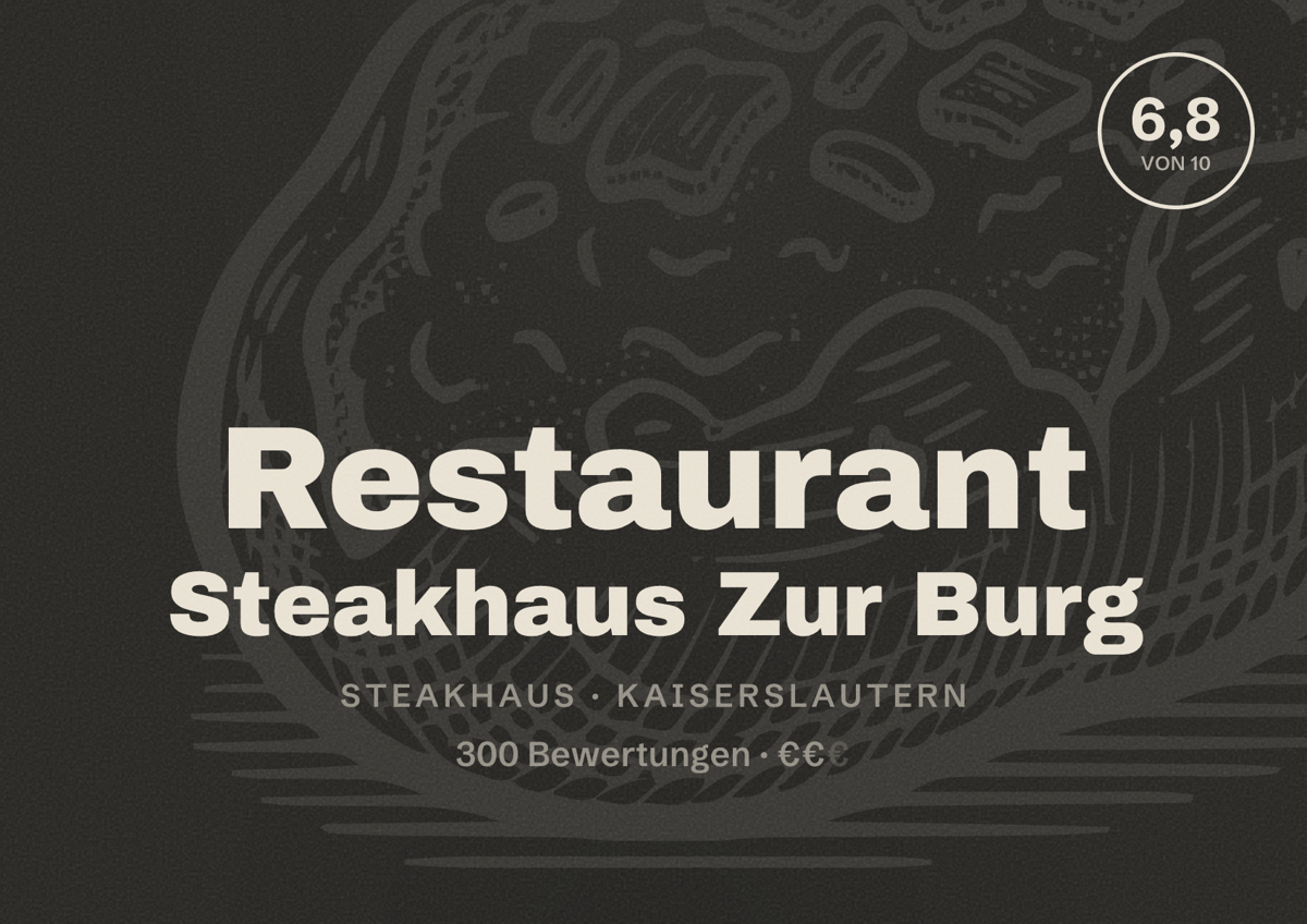 Illustriertes Poster von Restaurant Steakhaus Zur Burg, Steakhaus in Kaiserslautern: Bewertung 6,8 von 10 aus 300 Bewertungen, Preisniveau €€