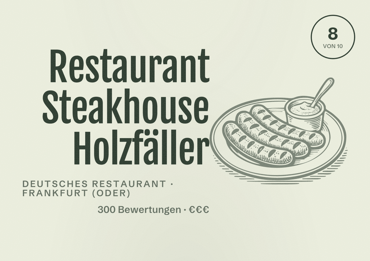 Illustriertes Poster von Restaurant Steakhouse Holzfäller, Deutsches Restaurant in Frankfurt (Oder): Bewertung 8 von 10 aus 300 Bewertungen, Preisniveau €€€