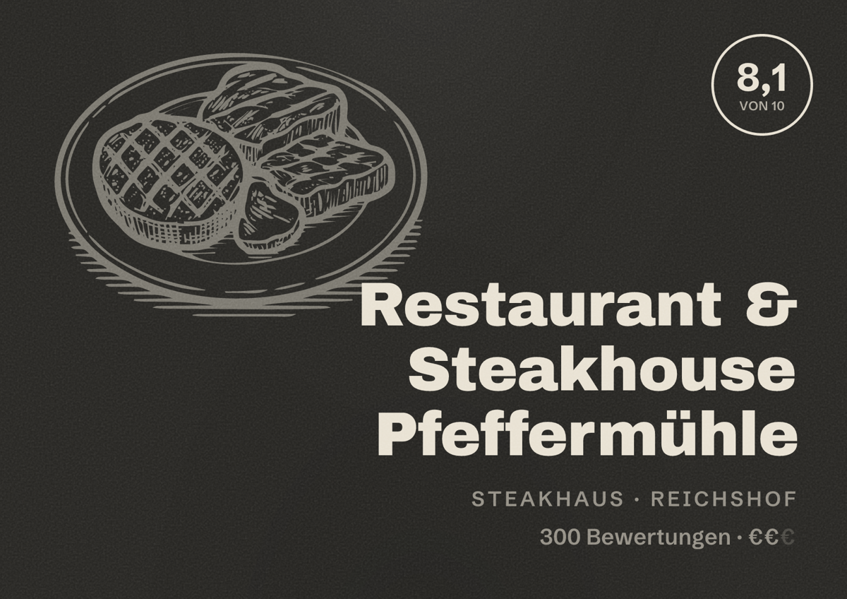 Illustriertes Poster von Restaurant & Steakhouse Pfeffermühle, Steakhaus in Reichshof: Bewertung 8,1 von 10 aus 300 Bewertungen, Preisniveau €€