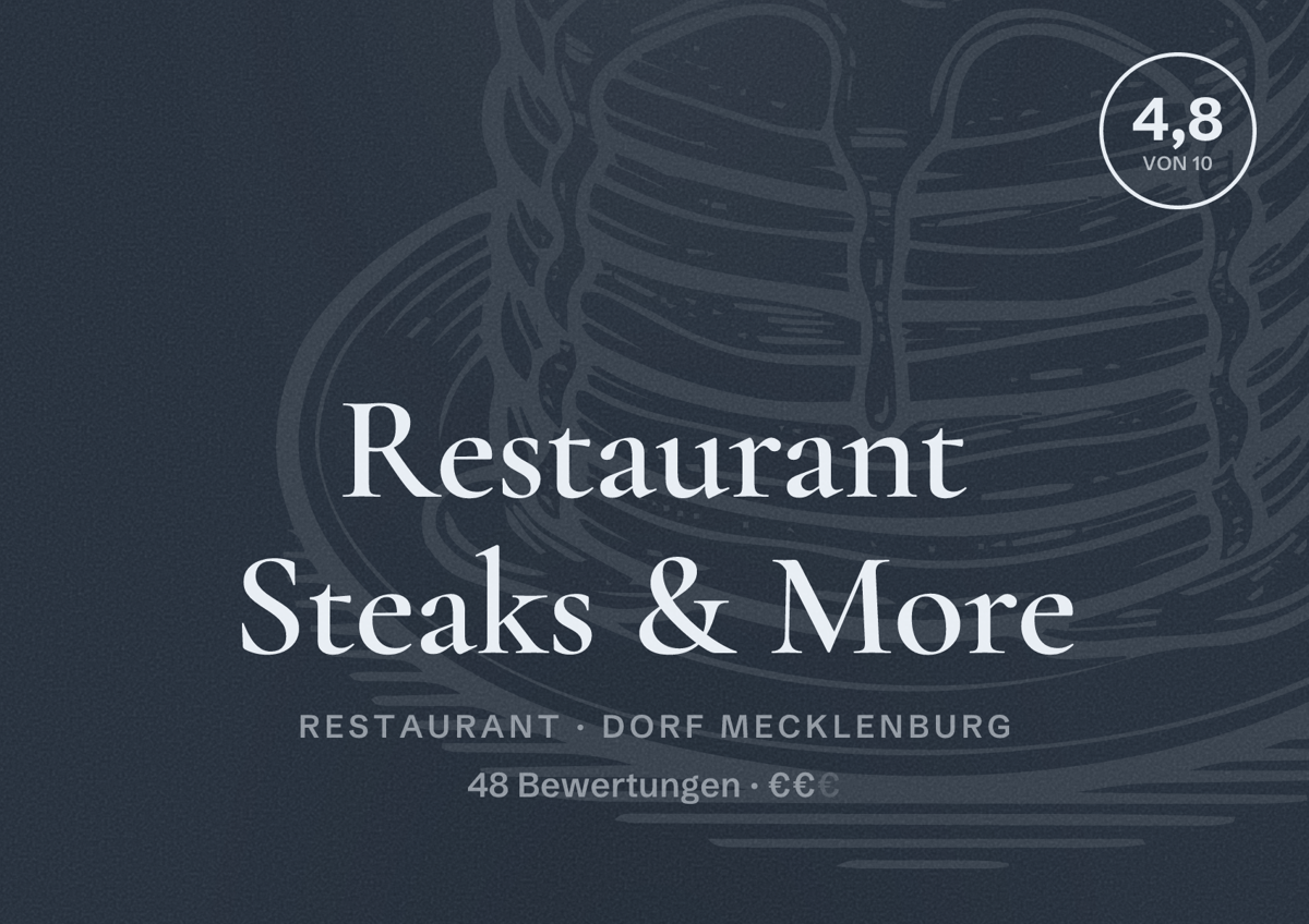 Illustriertes Poster von Restaurant Steaks & More, Restaurant in Dorf Mecklenburg: Bewertung 4,8 von 10 aus 48 Bewertungen, Preisniveau €€