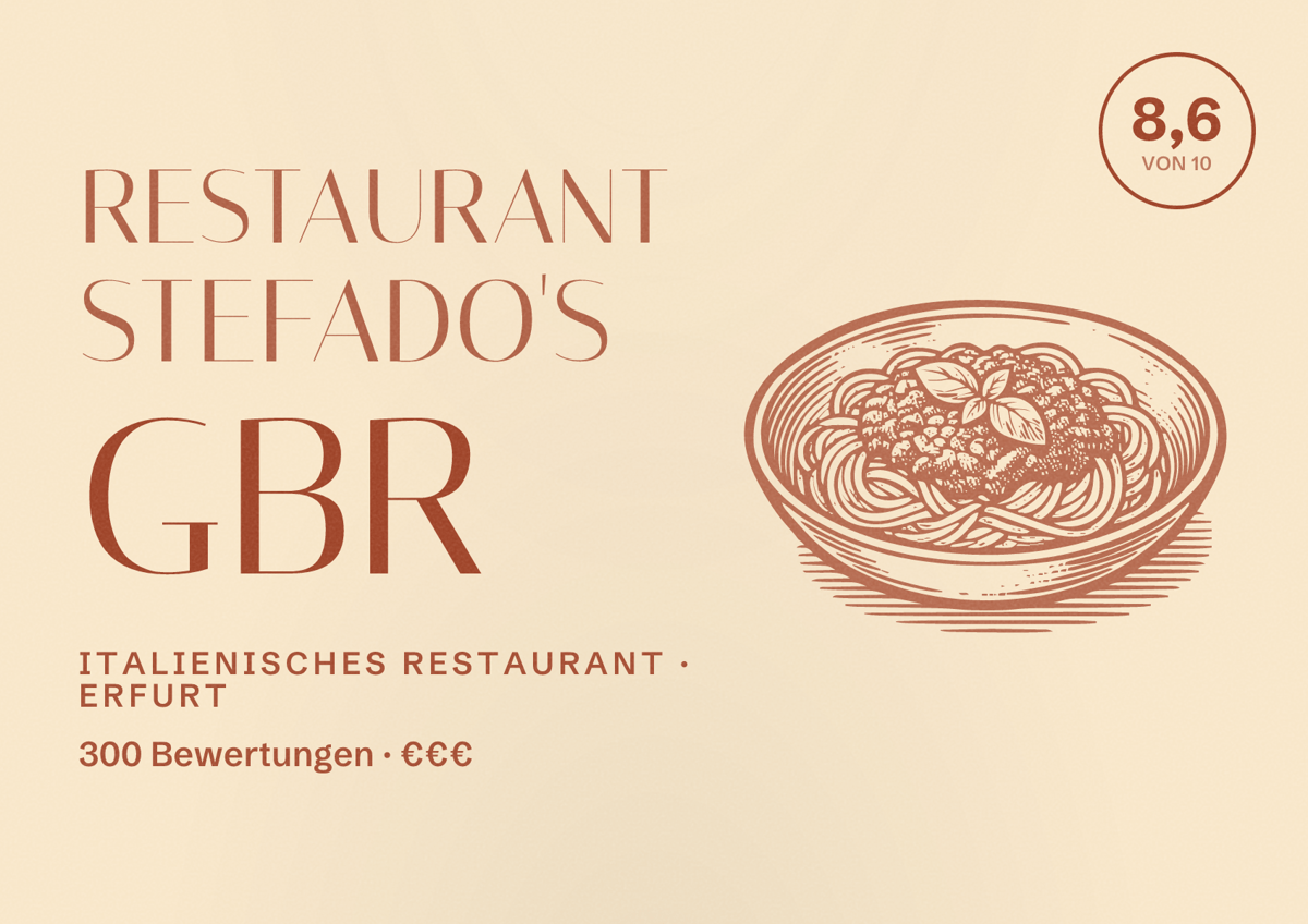 Illustriertes Poster von Restaurant StefaDo's GbR, Italienisches Restaurant in Erfurt: Bewertung 8,6 von 10 aus 300 Bewertungen, Preisniveau €€€