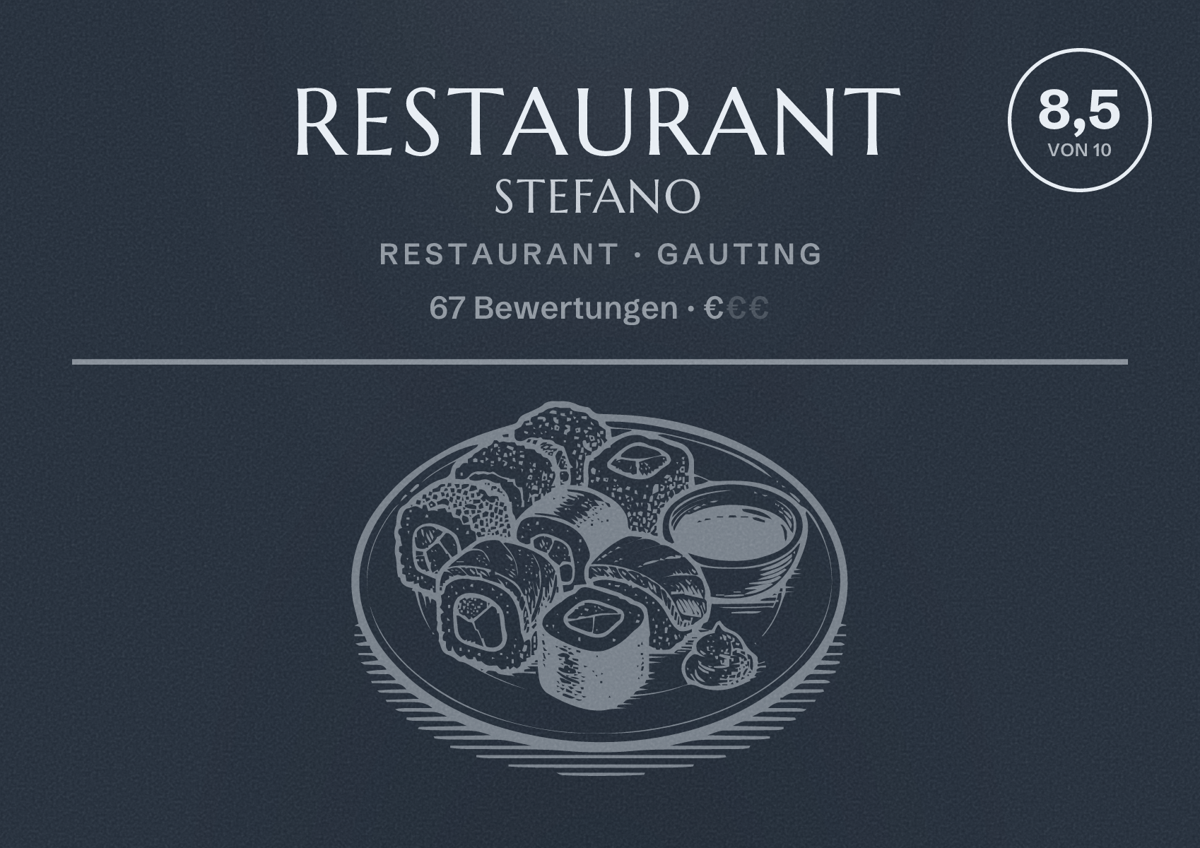 Illustriertes Poster von Restaurant Stefano, Restaurant in Gauting: Bewertung 8,5 von 10 aus 67 Bewertungen, Preisniveau €