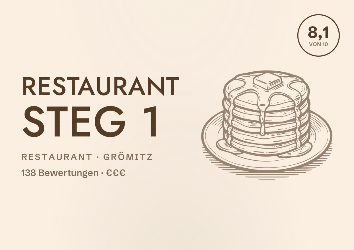Illustriertes Poster von Restaurant STEG 1, Restaurant in Grömitz: Bewertung 8,1 von 10 aus 138 Bewertungen, Preisniveau €€€