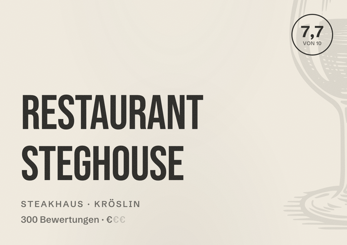 Illustriertes Poster von Restaurant STEGHOUSE, Steakhaus in Kröslin: Bewertung 7,7 von 10 aus 300 Bewertungen, Preisniveau €