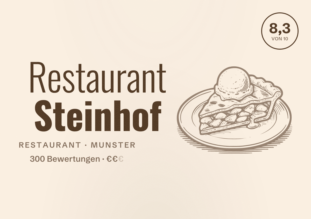 Illustriertes Poster von Restaurant Steinhof, Restaurant in Munster: Bewertung 8,3 von 10 aus 300 Bewertungen, Preisniveau €€