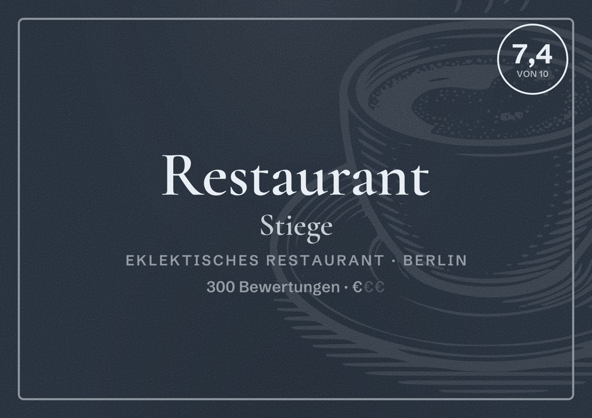 Illustriertes Poster von Restaurant Stiege, Eklektisches Restaurant in Berlin: Bewertung 7,4 von 10 aus 300 Bewertungen, Preisniveau €