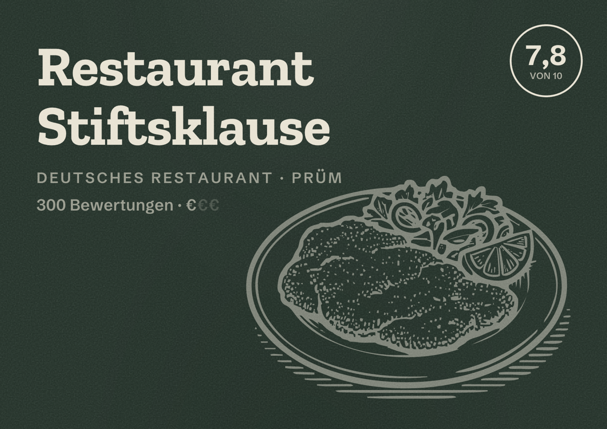 Illustriertes Poster von Restaurant Stiftsklause, Deutsches Restaurant in Prüm: Bewertung 7,8 von 10 aus 300 Bewertungen, Preisniveau €