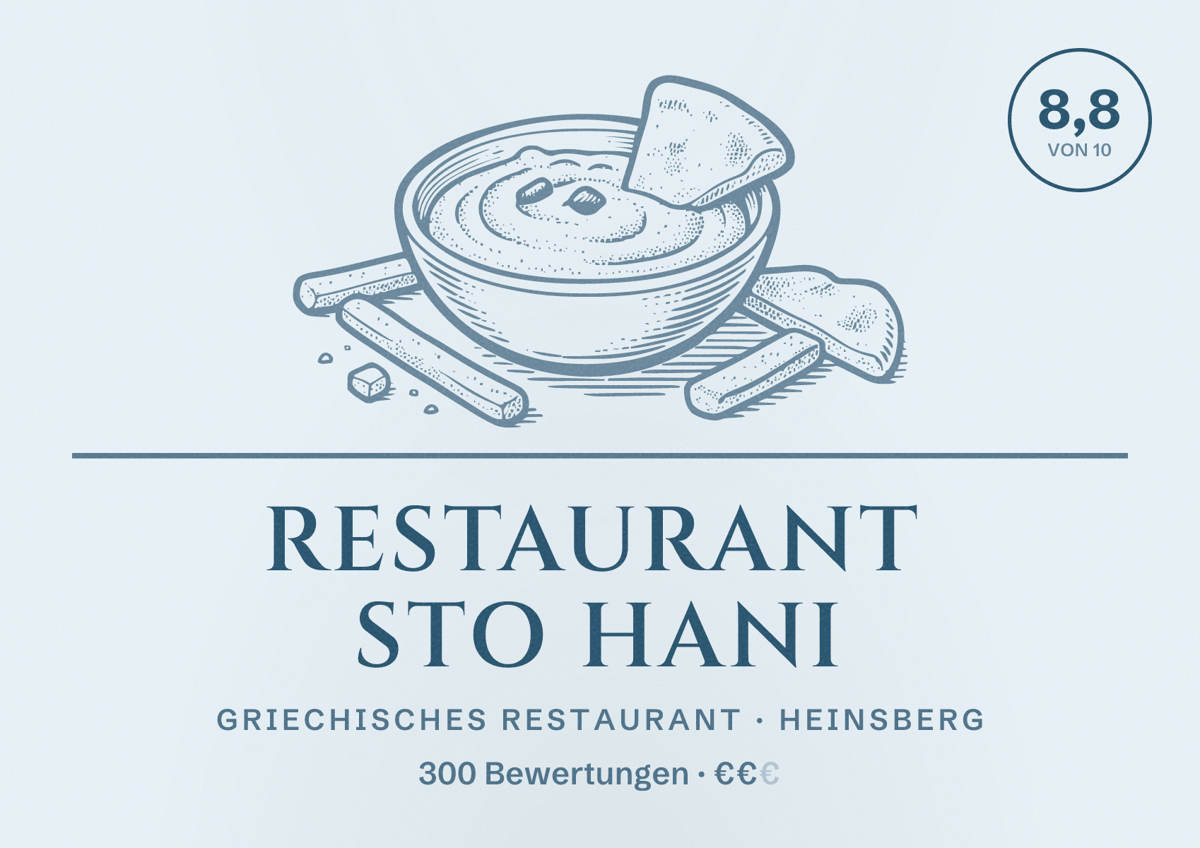 Illustriertes Poster von Restaurant Sto Hani, Griechisches Restaurant in Heinsberg: Bewertung 8,8 von 10 aus 300 Bewertungen, Preisniveau €€