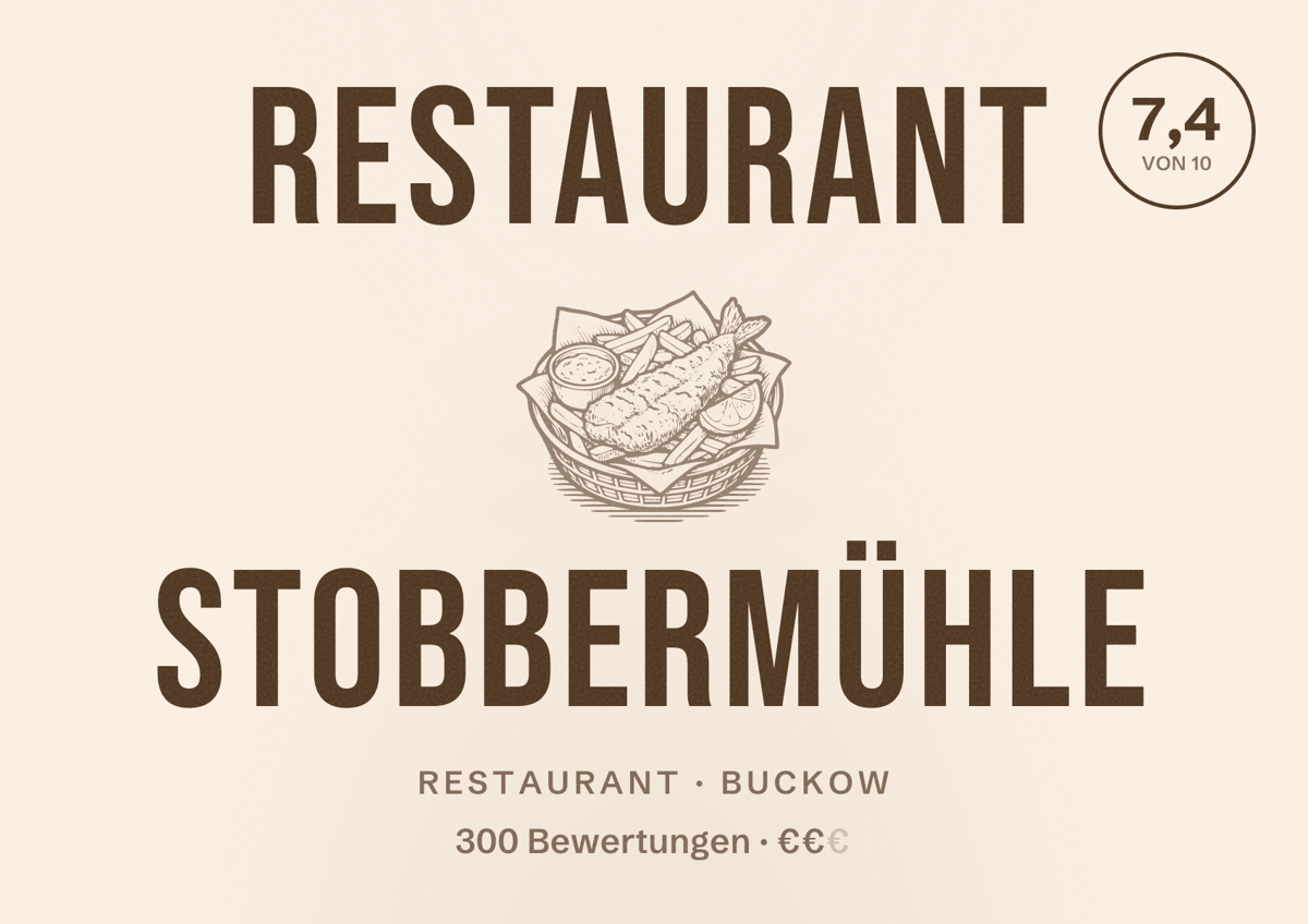 Illustriertes Poster von Restaurant Stobbermühle, Restaurant in Buckow: Bewertung 7,4 von 10 aus 300 Bewertungen, Preisniveau €€
