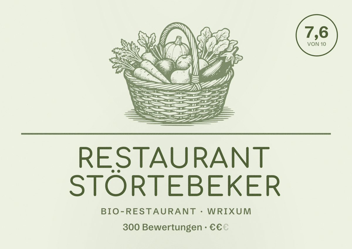 Illustriertes Poster von Restaurant Störtebeker, Bio-Restaurant in Wrixum: Bewertung 7,6 von 10 aus 300 Bewertungen, Preisniveau €€