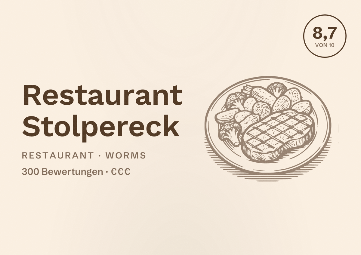 Illustriertes Poster von Restaurant Stolpereck, Restaurant in Worms: Bewertung 8,7 von 10 aus 300 Bewertungen, Preisniveau €€€