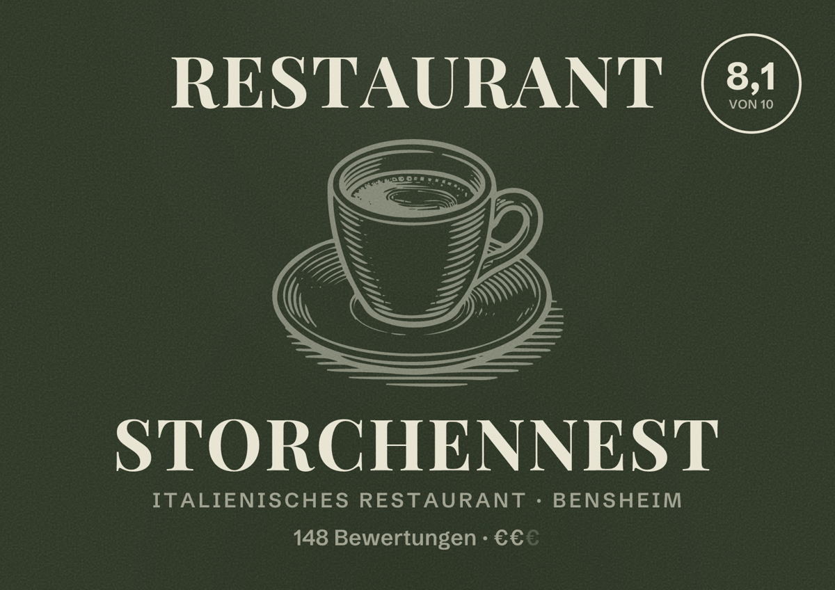 Illustriertes Poster von Restaurant Storchennest, Italienisches Restaurant in Bensheim: Bewertung 8,1 von 10 aus 148 Bewertungen, Preisniveau €€