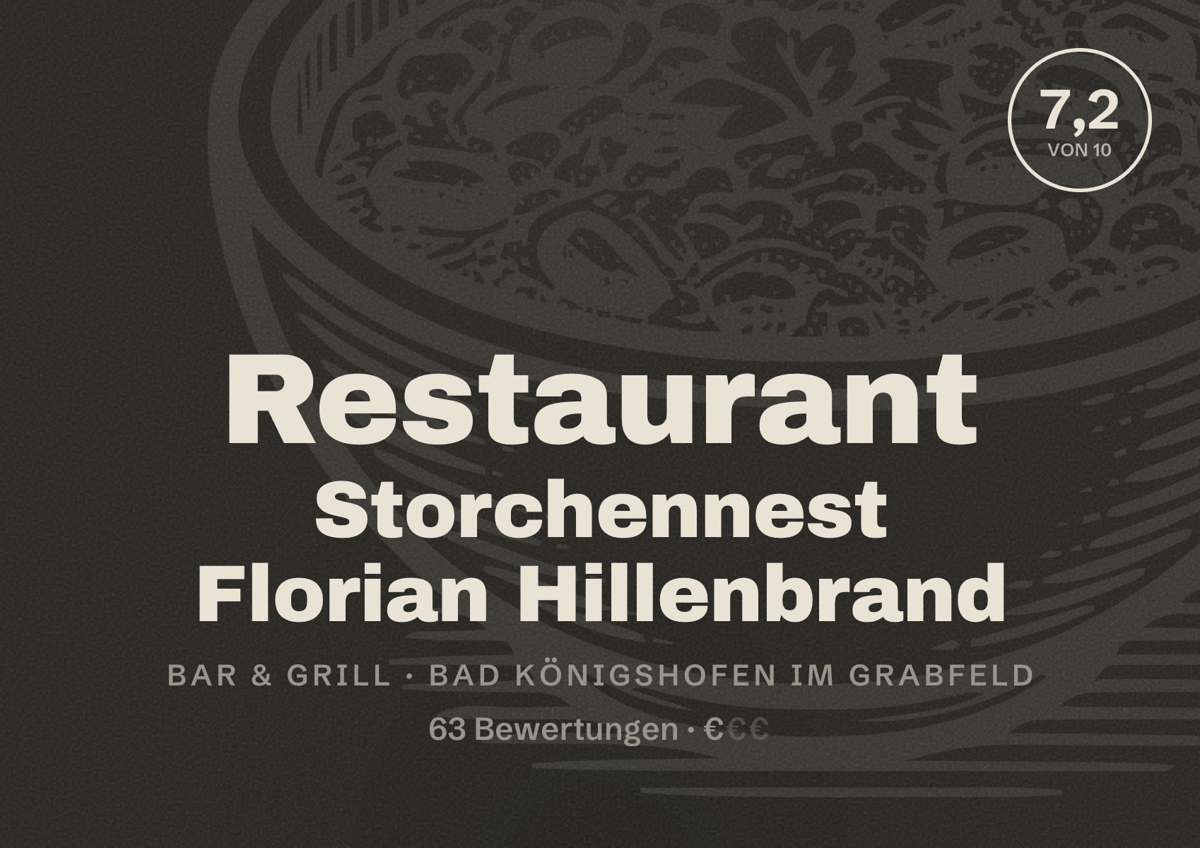Illustriertes Poster von Restaurant Storchennest Florian Hillenbrand, Bar & Grill in Bad Königshofen im Grabfeld: Bewertung 7,2 von 10 aus 63 Bewertungen, Preisniveau €
