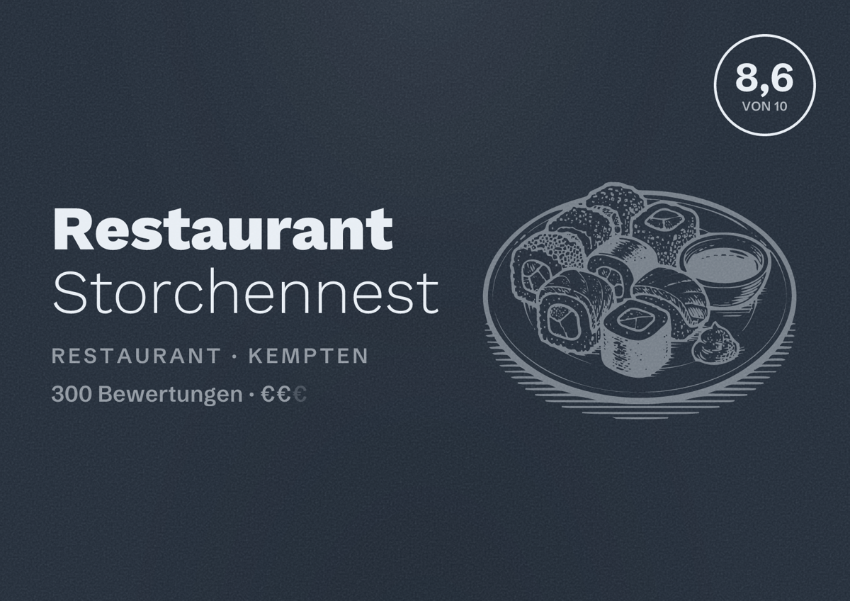 Illustriertes Poster von Restaurant Storchennest, Restaurant in Kempten: Bewertung 8,6 von 10 aus 300 Bewertungen, Preisniveau €€
