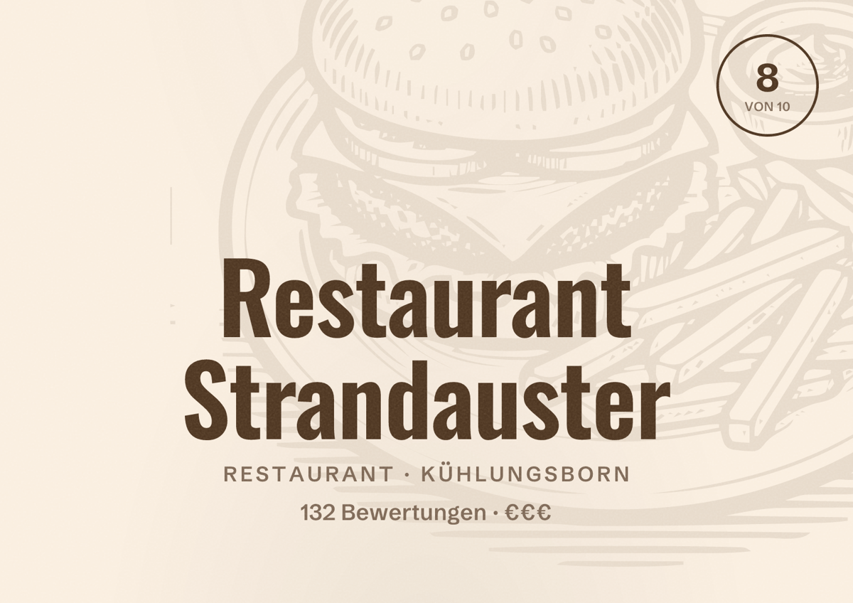 Illustriertes Poster von Restaurant Strandauster, Restaurant in Kühlungsborn: Bewertung 8 von 10 aus 132 Bewertungen, Preisniveau €€€