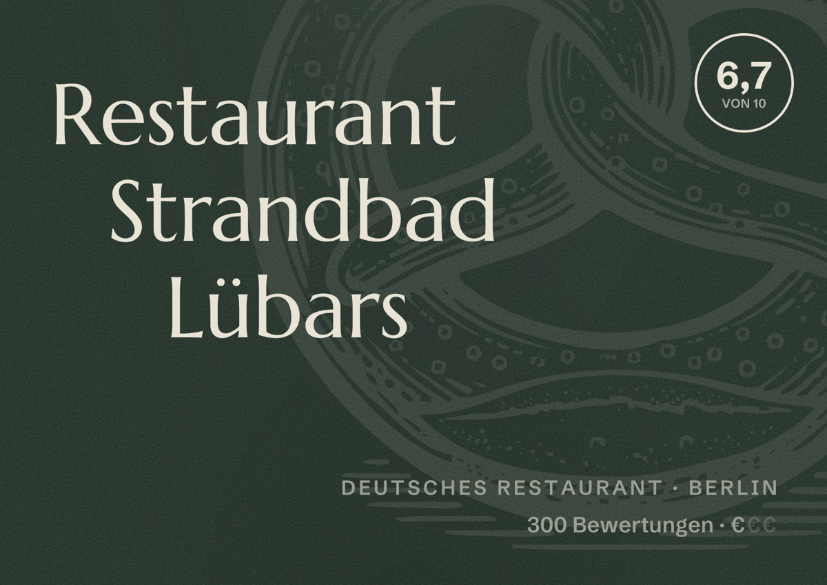 Illustriertes Poster von Restaurant Strandbad Lübars, Deutsches Restaurant in Berlin: Bewertung 6,7 von 10 aus 300 Bewertungen, Preisniveau €