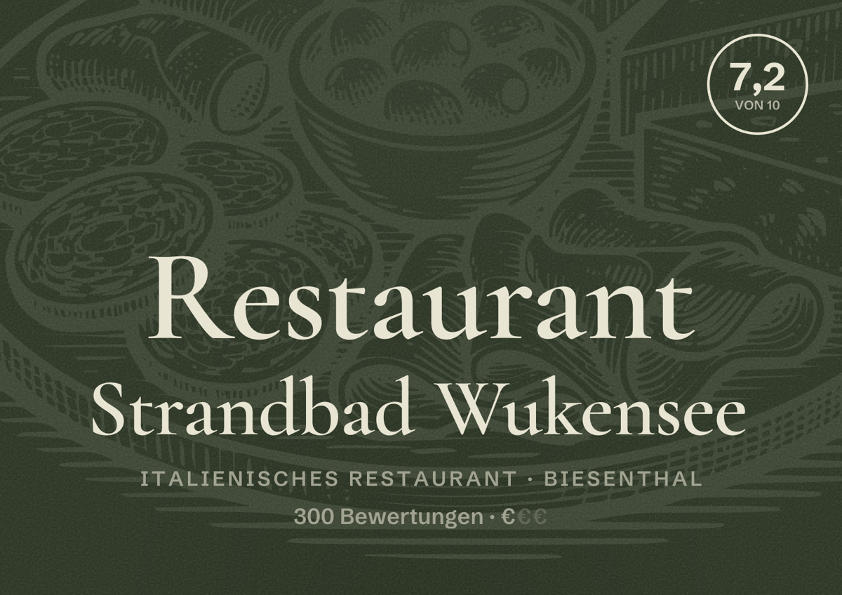 Illustriertes Poster von Restaurant Strandbad Wukensee, Italienisches Restaurant in Biesenthal: Bewertung 7,2 von 10 aus 300 Bewertungen, Preisniveau €