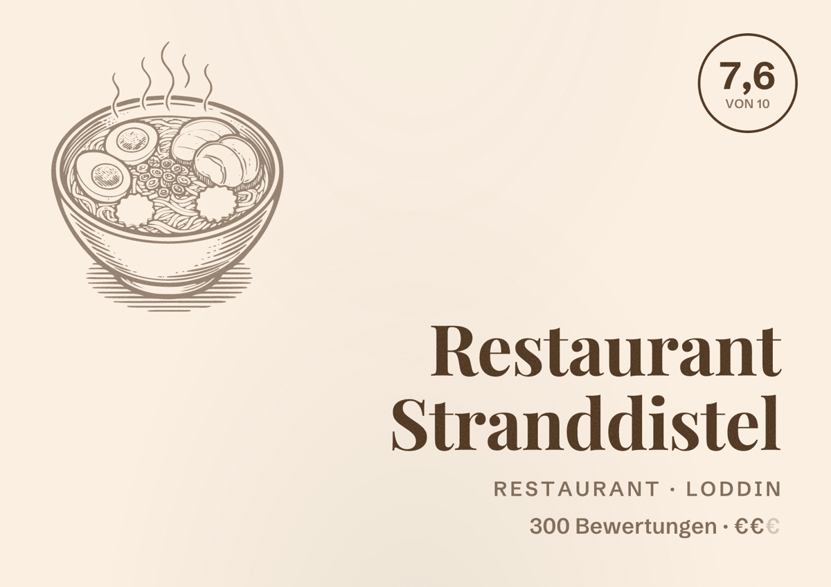 Illustriertes Poster von Restaurant Stranddistel, Restaurant in Loddin: Bewertung 7,6 von 10 aus 300 Bewertungen, Preisniveau €€