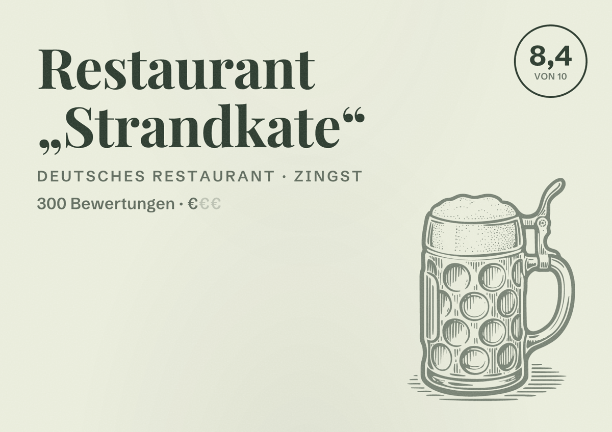 Illustriertes Poster von Restaurant „Strandkate“, Deutsches Restaurant in Zingst: Bewertung 8,4 von 10 aus 300 Bewertungen, Preisniveau €