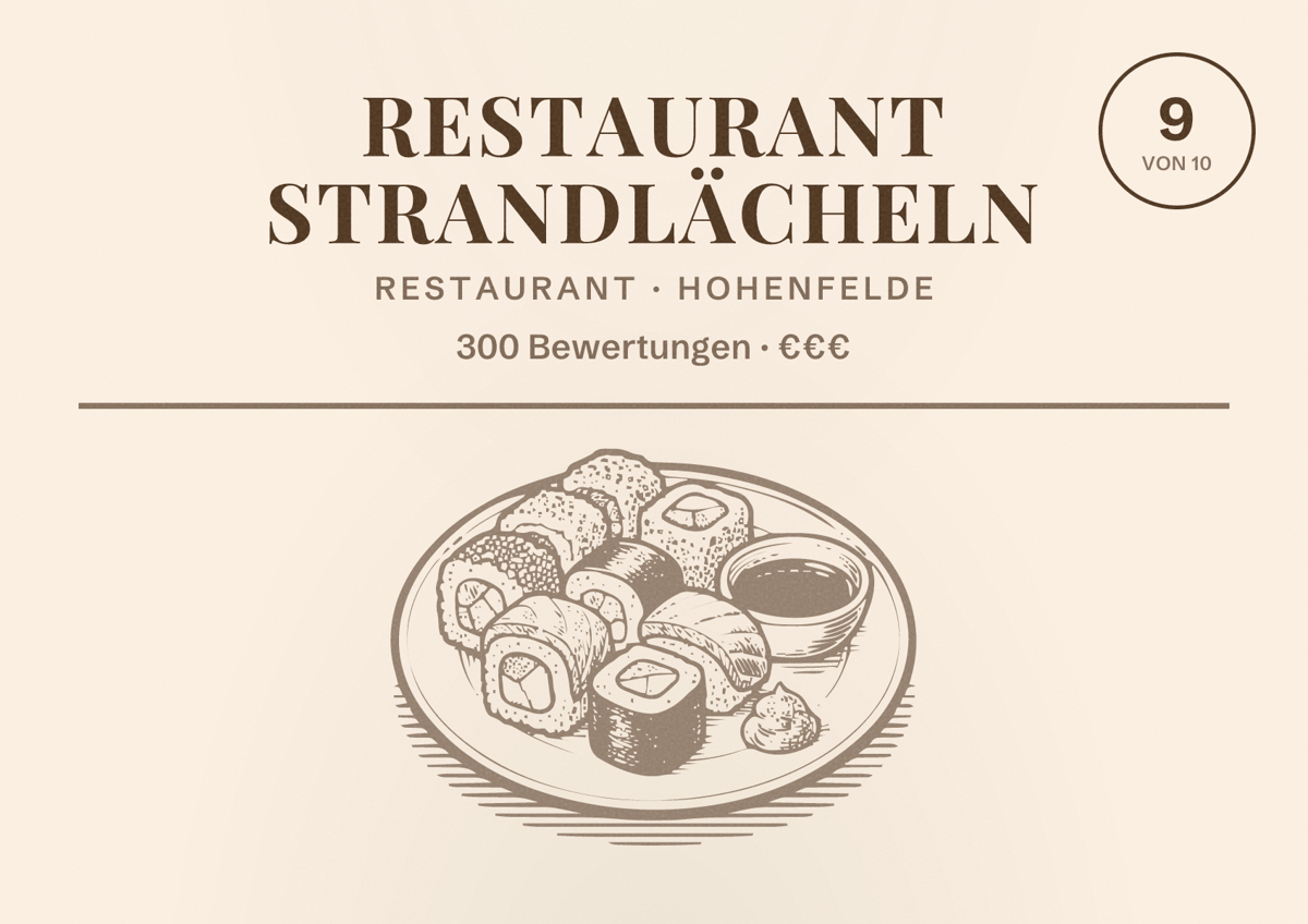 Illustriertes Poster von Restaurant Strandlächeln, Restaurant in Hohenfelde: Bewertung 9 von 10 aus 300 Bewertungen, Preisniveau €€€