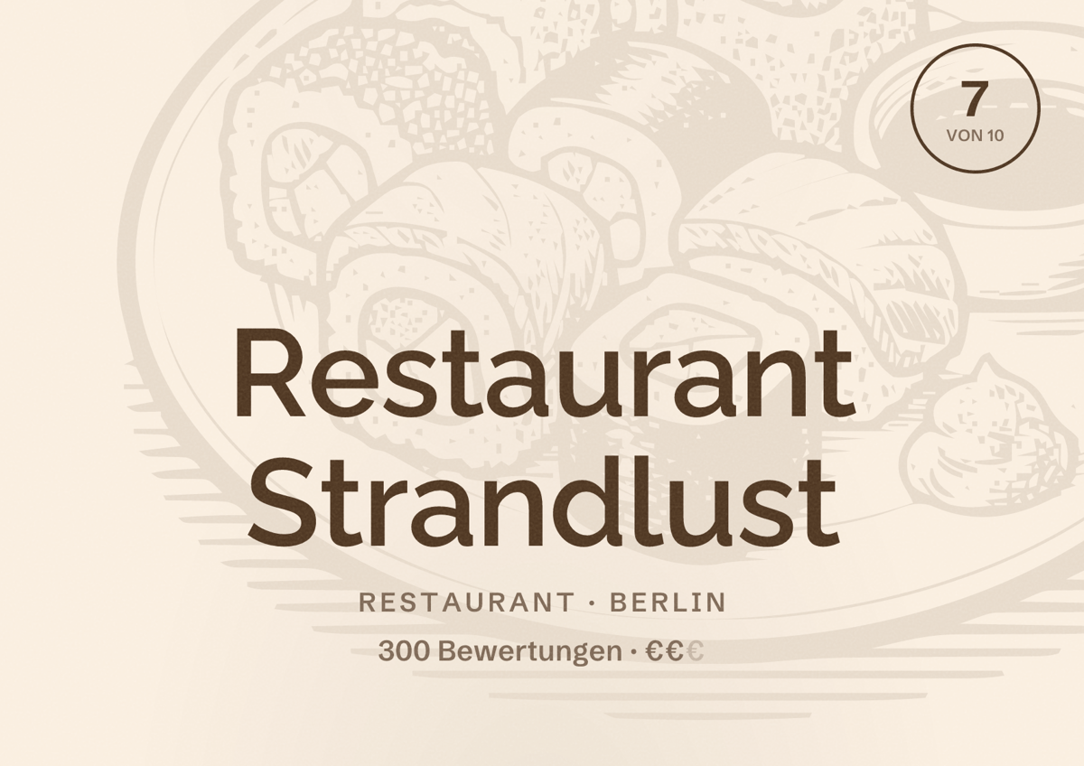 Illustriertes Poster von Restaurant Strandlust, Restaurant in Berlin: Bewertung 7,0 von 10 aus 300 Bewertungen, Preisniveau €€