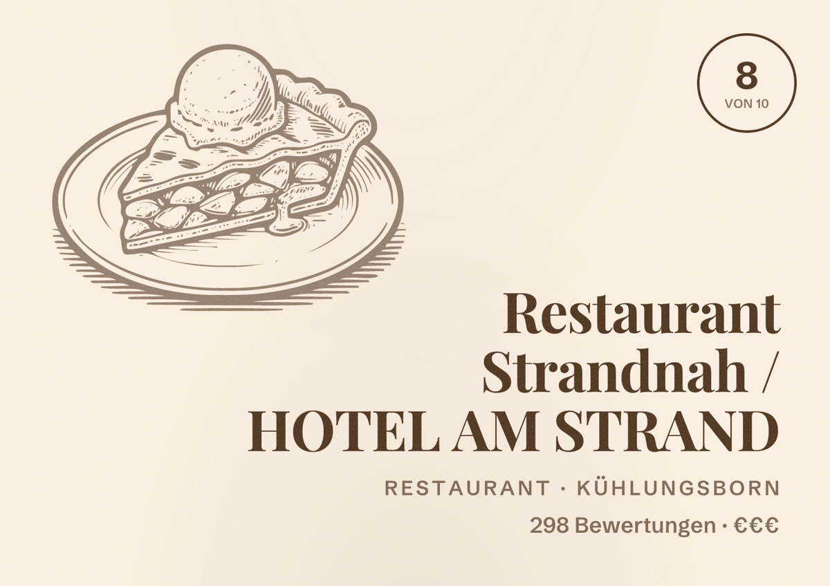 Illustriertes Poster von Restaurant Strandnah / HOTEL AM STRAND, Restaurant in Kühlungsborn: Bewertung 8 von 10 aus 298 Bewertungen, Preisniveau €€€