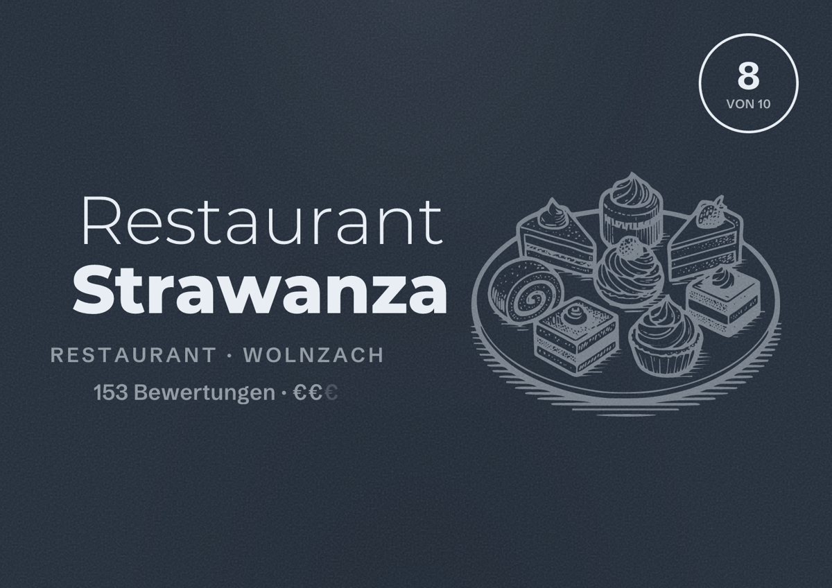 Illustriertes Poster von Restaurant Strawanza, Restaurant in Wolnzach: Bewertung 8 von 10 aus 153 Bewertungen, Preisniveau €€