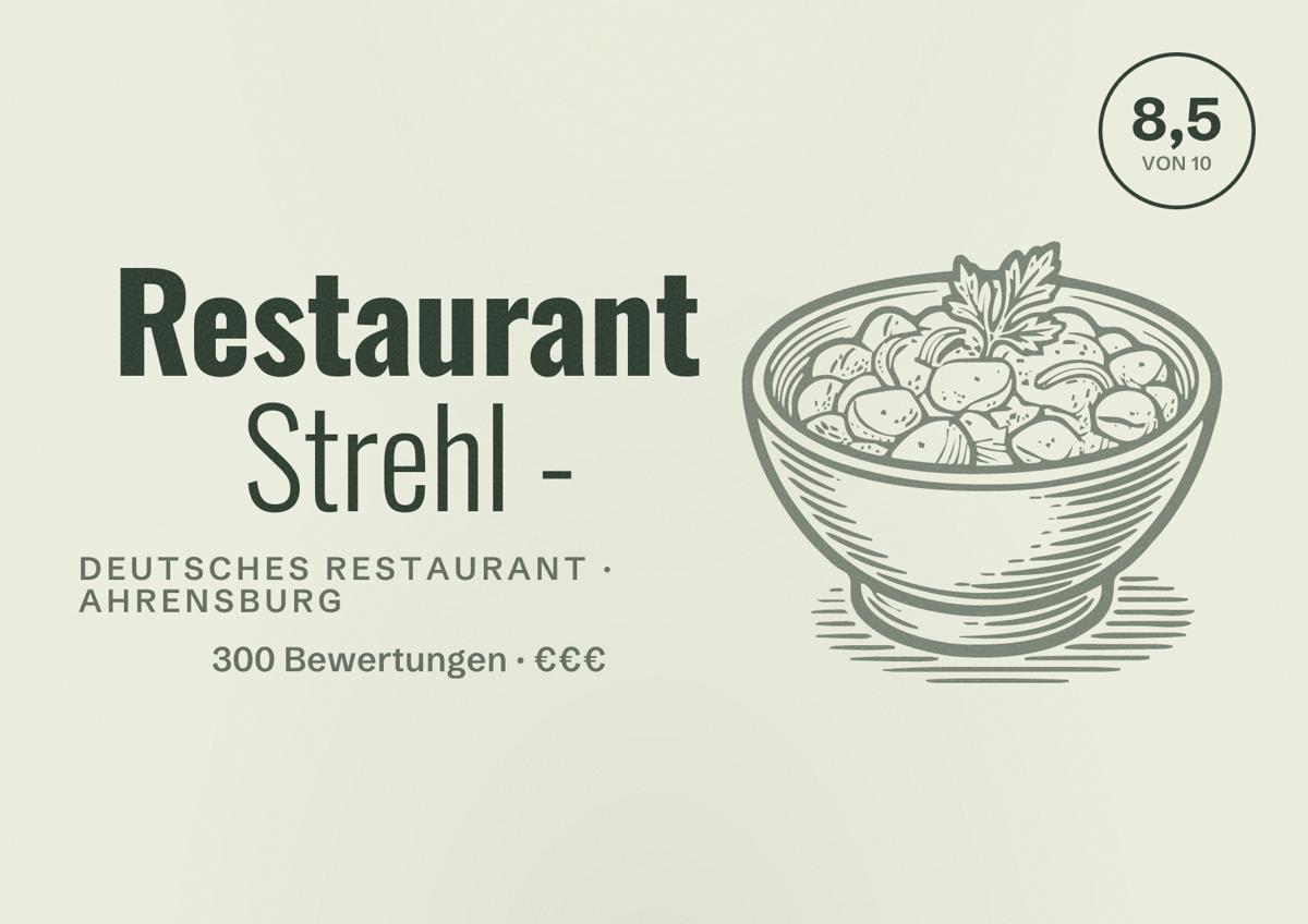 Illustriertes Poster von Restaurant Strehl -, Deutsches Restaurant in Ahrensburg: Bewertung 8,5 von 10 aus 300 Bewertungen, Preisniveau €€€