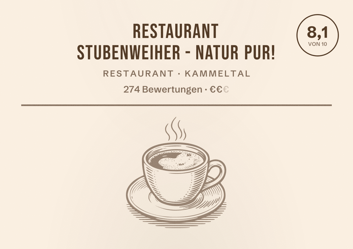 Illustriertes Poster von RESTAURANT Stubenweiher - Natur Pur!, Restaurant in Kammeltal: Bewertung 8,1 von 10 aus 274 Bewertungen, Preisniveau €€